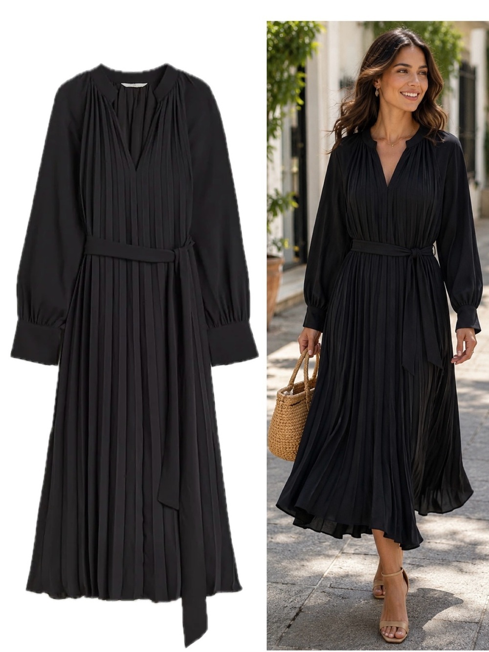 H&M Black Pleated Midi Dress Belted Long Sleeve Elegant Cocktail Party Sz S